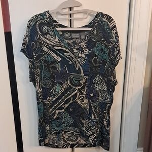 Chico's Navy, Teal & Cream Paisley Floral Short-Sleeve Top. Additions Line.